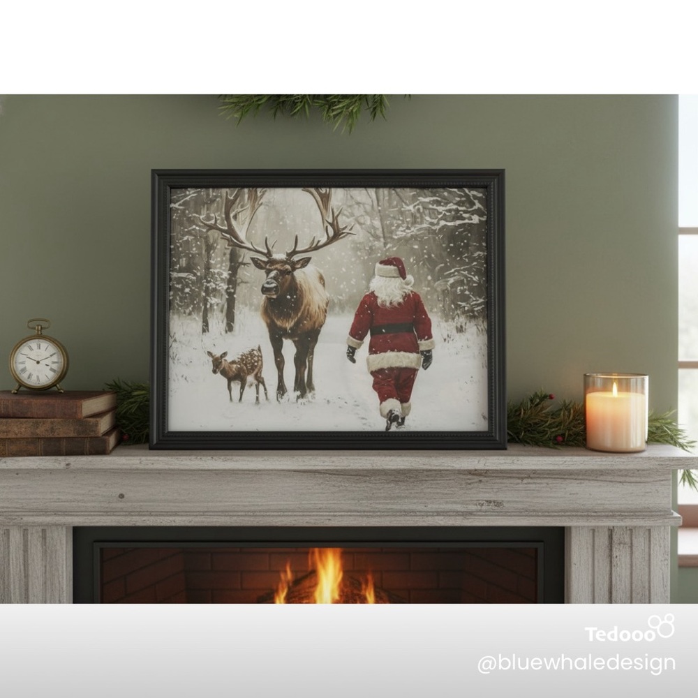 Festive Santa and Reindeer Framed 8x10”Art
